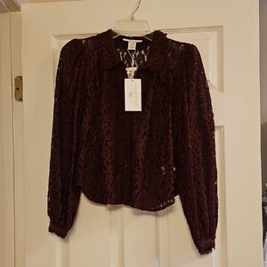 Caroline Constas Burgundy Lace Button-Front Blouse